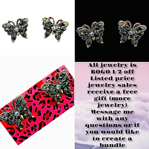 Retro style multicolored crystal butterfly earrings with silver post - Picture 2 of 10